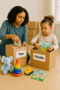 mom and child packing up toys