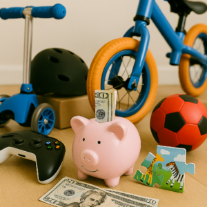 piggy bank, cash and kid's toys
