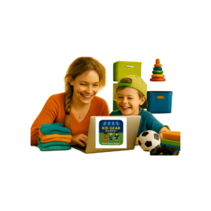 mom and son with laptop with logo, entering items to sell