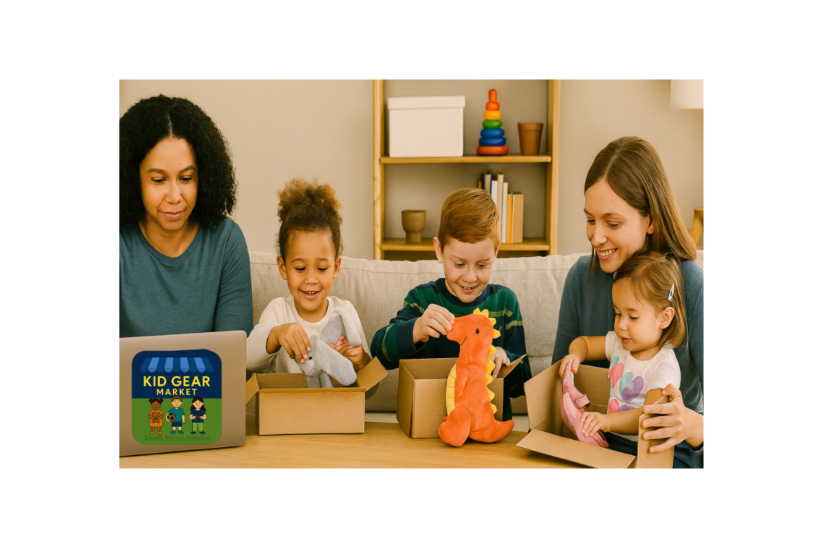 2 moms and 3 children at a laptop with toys listing for sale